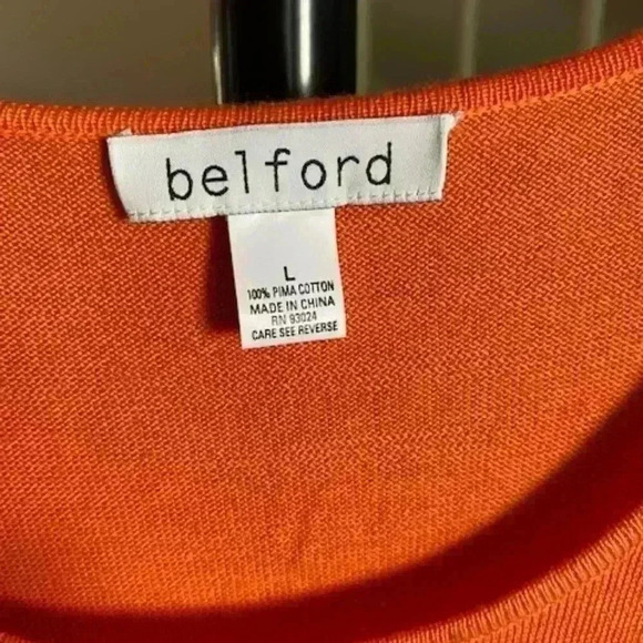 BELFORD Pima Cotton Orange Scoop Neck Sweater with Frilly Cuffs and Hem. Size L - Picture 4 of 11